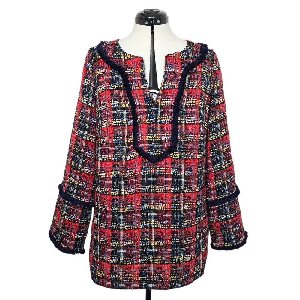 Sail to Sable Tartan Tweed  Fringe Tunic Top Size Large Preppy Holiday Valentine